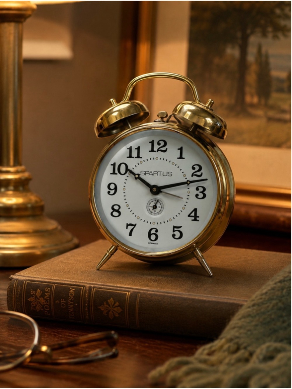 Vintage Spartus Twin Bell Alarm Clock Brass Tone Romania Decor Display